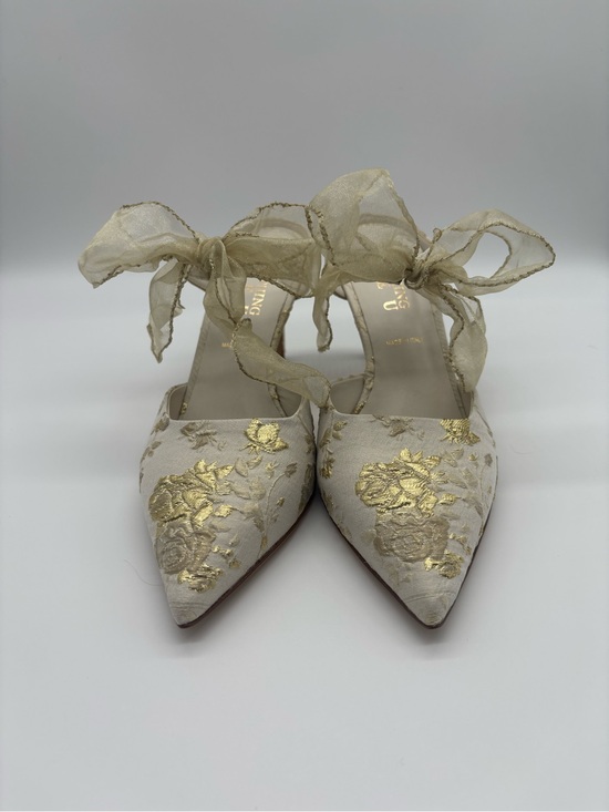 Something Bleu Bridal Shoes - Something Bleu Bridal Ivory Pointed-Toe Heels with Gold Floral Embroidery